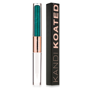 A closed tube of Slay Money Making Monday, a bright teal green, standing next to its black and rose gold box. The tube is two sided, with color gloss in one side and clear top coat in the other.